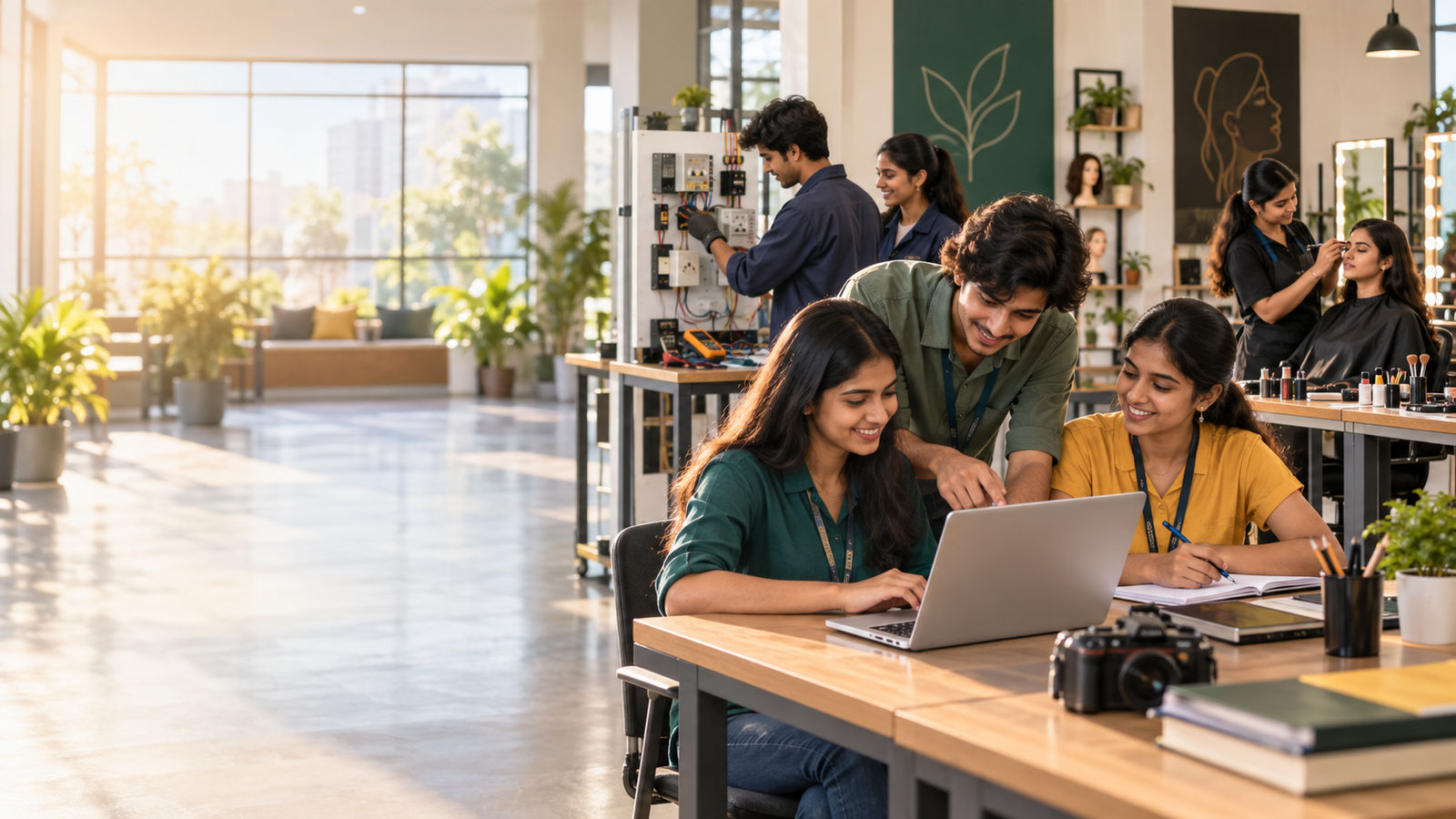Indian students collaborating on practical projects in a modern skills training studio